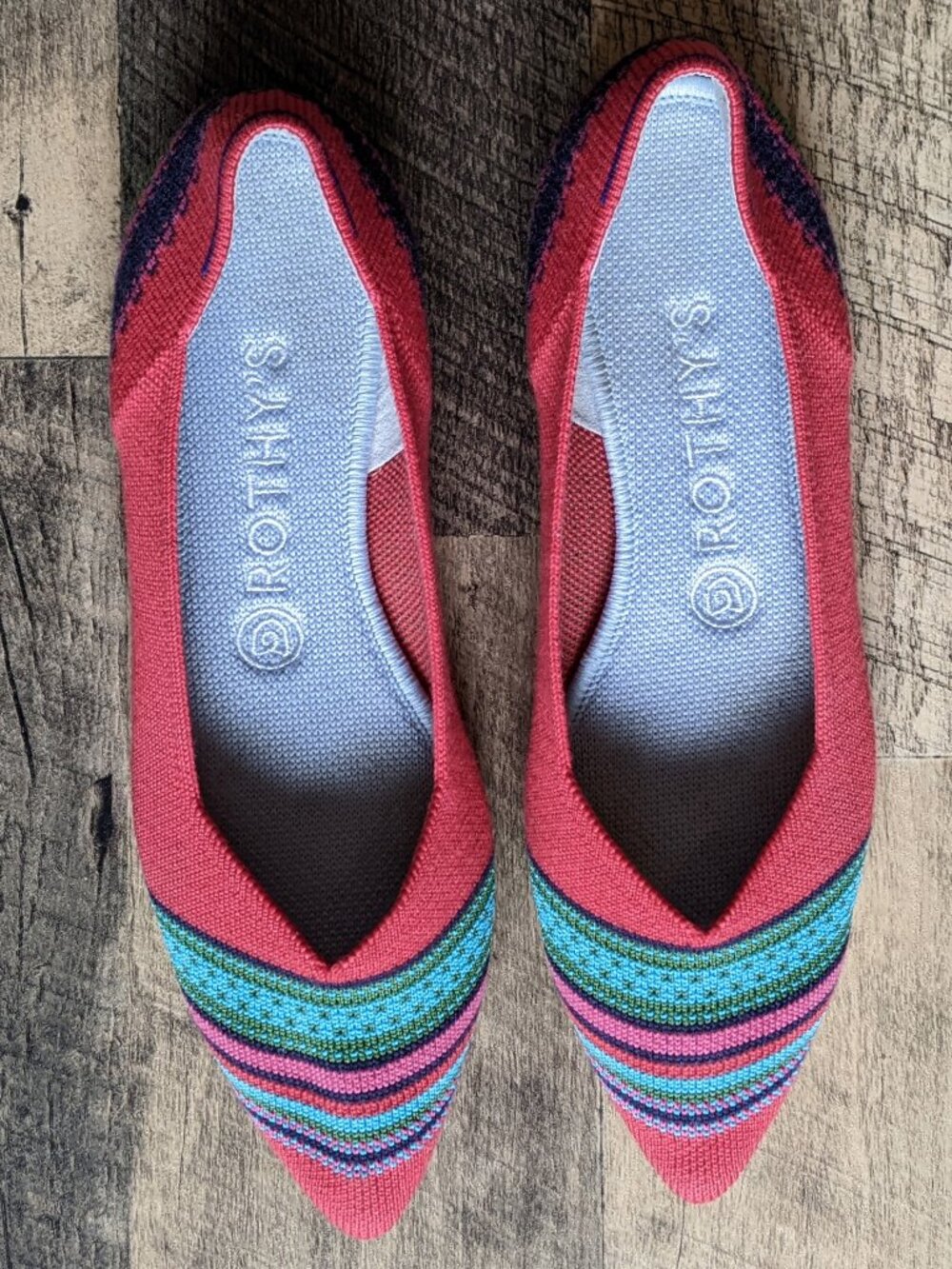 Rothy's Coral Pink Knit Pointed Toe Flats with Turquoise & Green Stripes - Picture 2 of 8